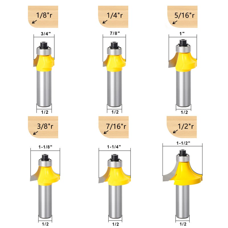 MEIGGTOOL 6PCS Round-Over Router Bits, 1/2-Inch Shank Round Nose, Radius Sizes: 1/8", 1/4", 5/16", 3/8", 7/16", 1/2" - Image 2